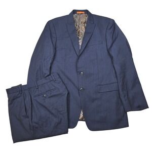 TALLIA Wool Suit Mens 42L 2 Piece Pants 34x35‎ Navy Blue Natural Stretch